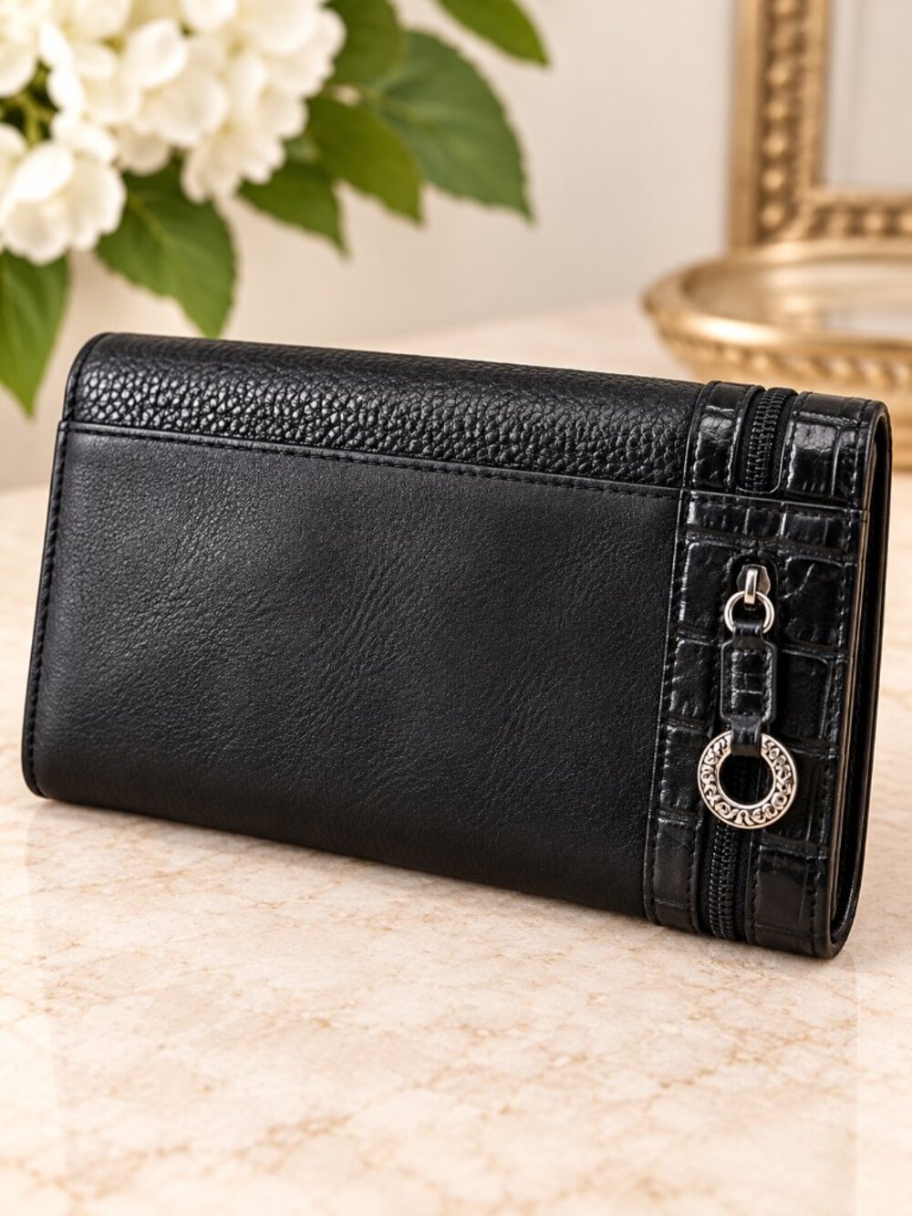 Brighton Black Leather Large Trifold Organizer Wallet Croc Embossed Zip